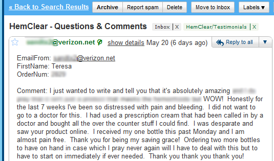 hemorrhoid treatment testimonial